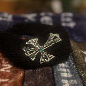 Black Knitted Ear Warmer Headband with Rhinestone Cross and Button Closure